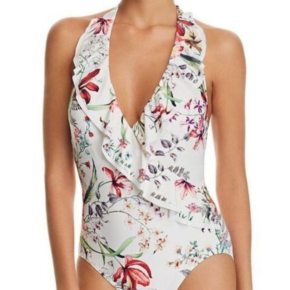 NWT Carmen Marc Valvo Botanical Ruffle Surplice Halter One Piece Swimsuit 12
